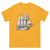 Schooner sailboat line drawing t-shirt in gold color, front view