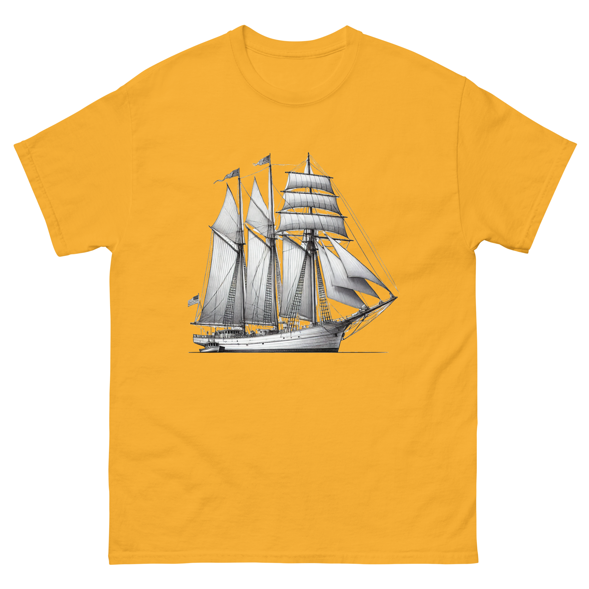 Schooner sailboat line drawing t-shirt in gold color, front view