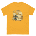 Beach serene scene at sunset t-shirt in gold color, front view