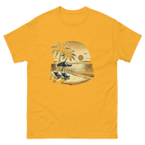 Beach serene scene at sunset t-shirt in gold color, front view