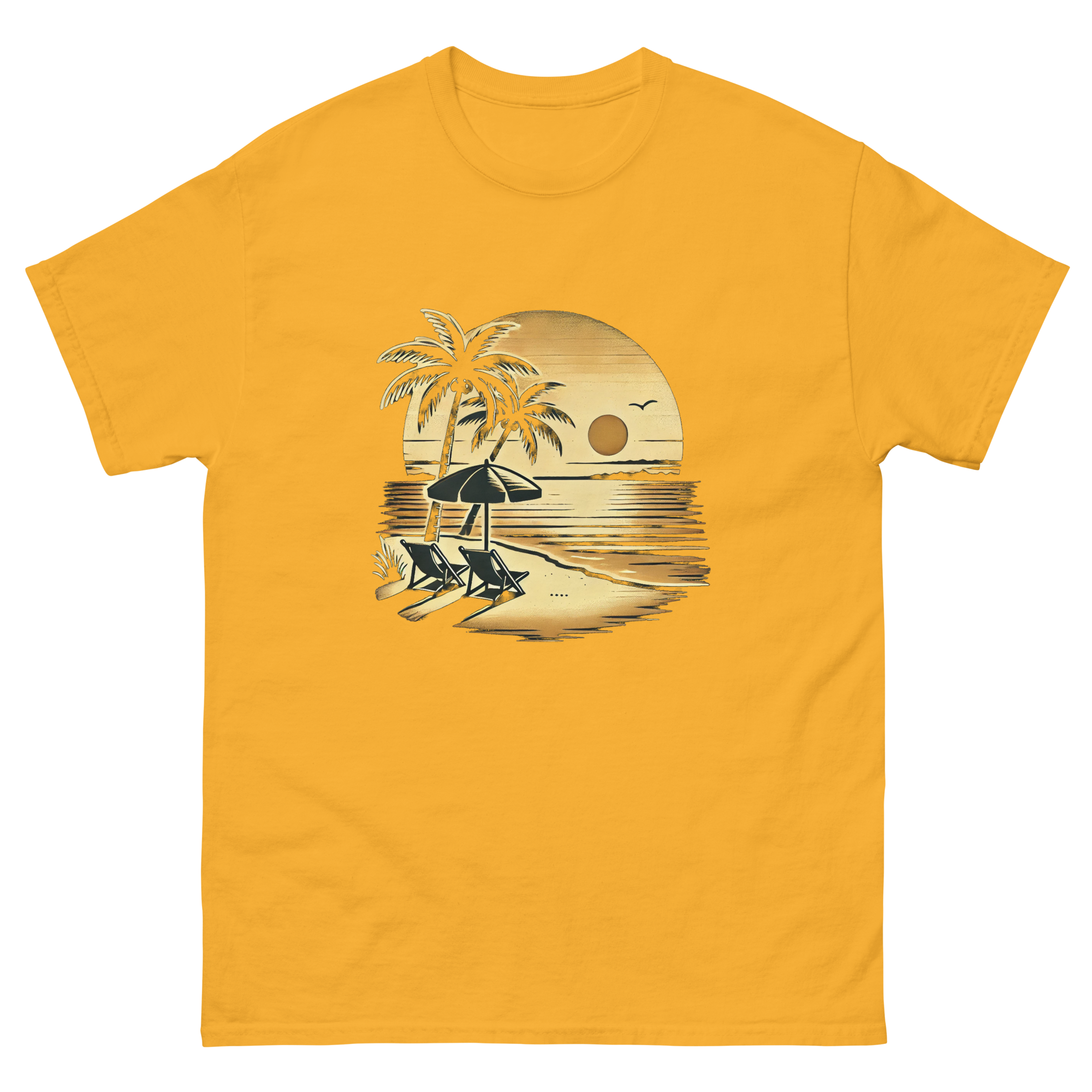 Beach serene scene at sunset t-shirt in gold color, front view