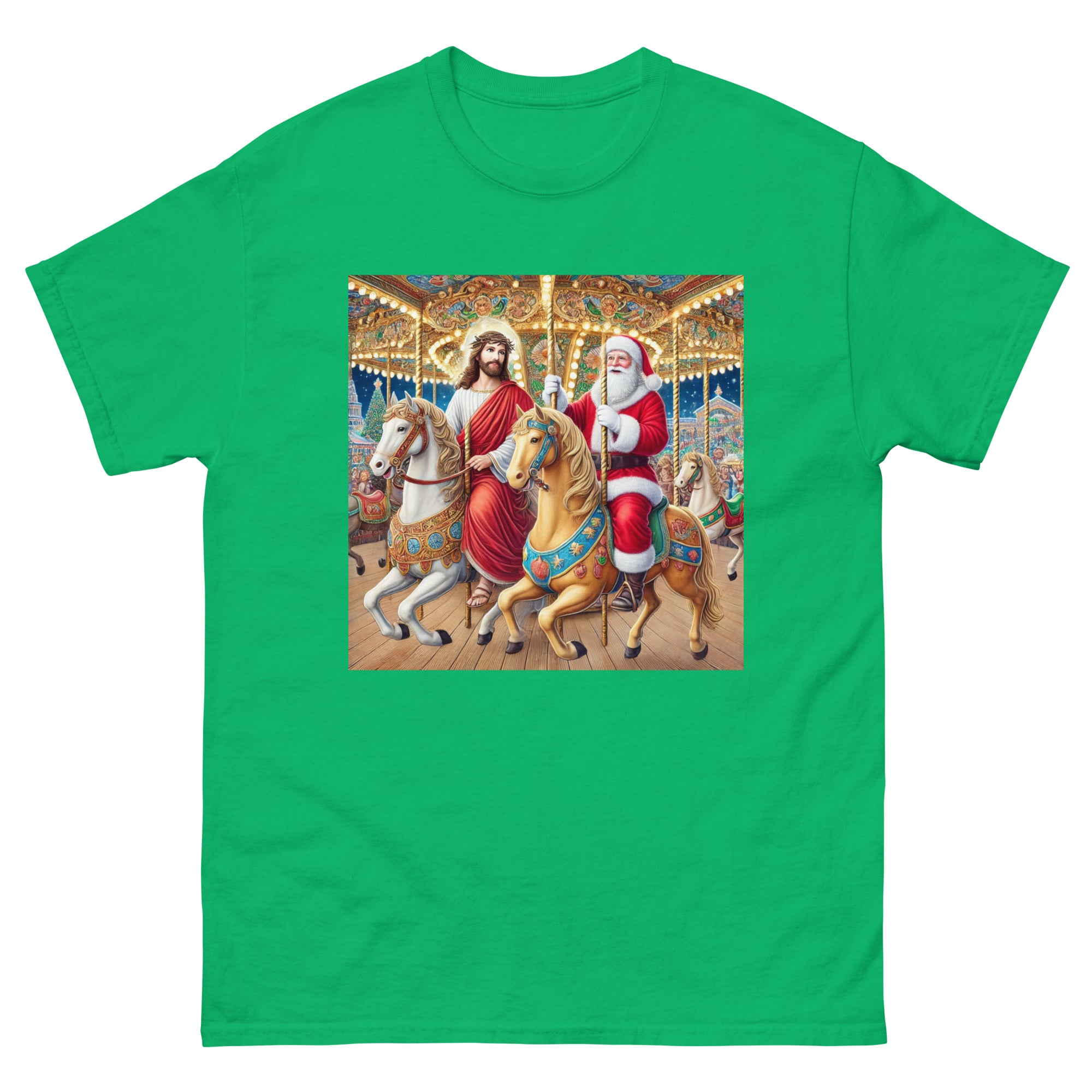 Santa and Jesus riding a carousel tee