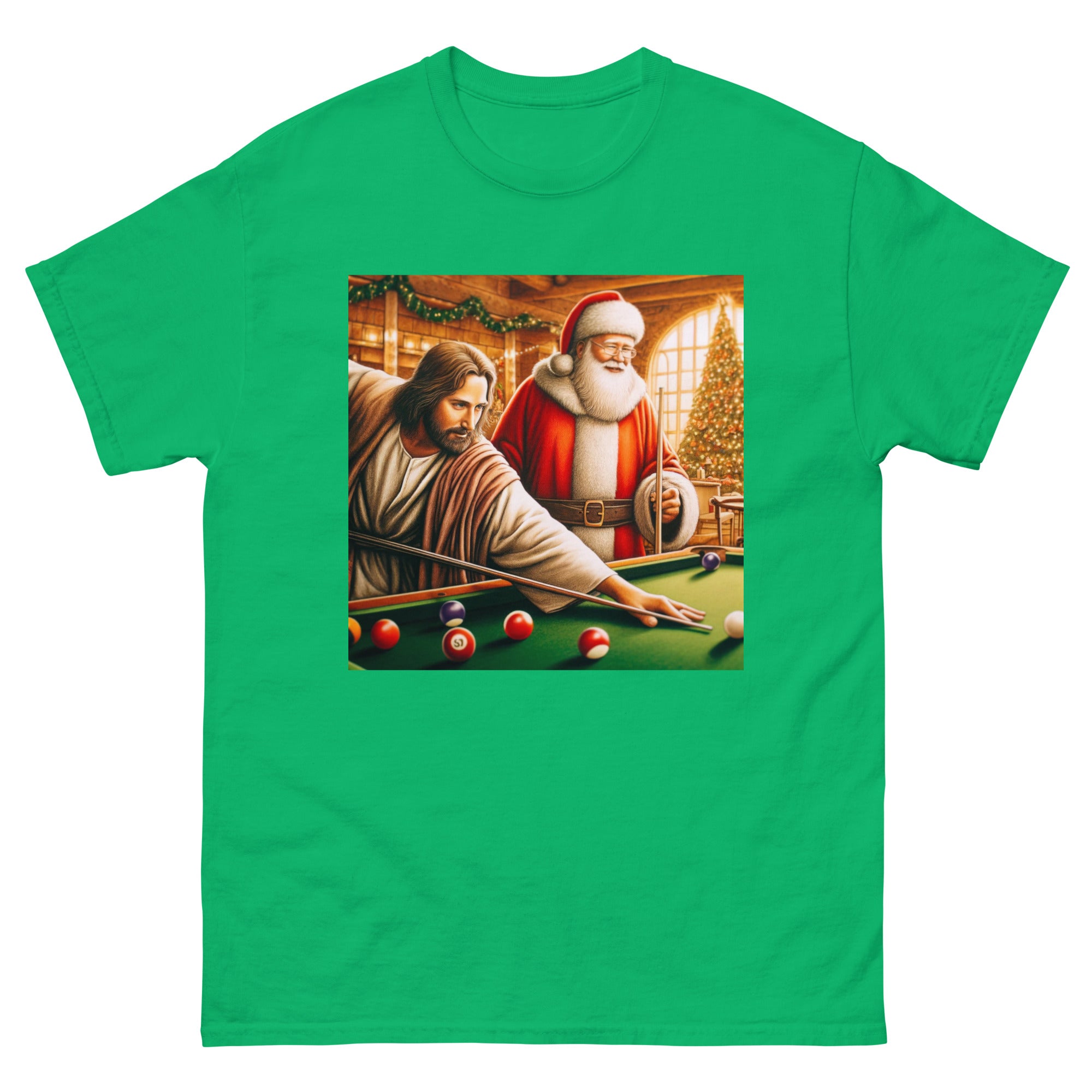 Santa and Jesus Shooting Pool tee