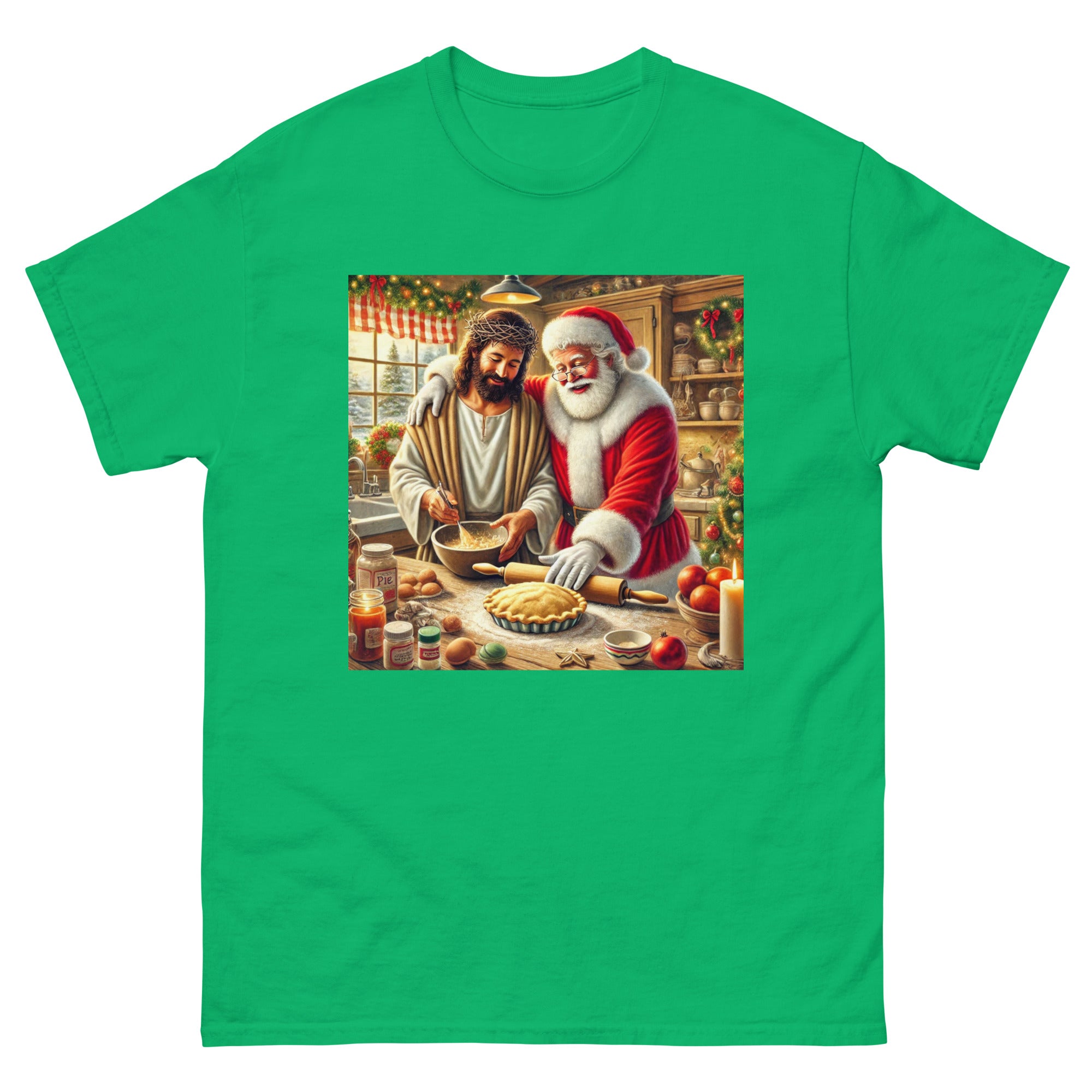 Santa and Jesus Making a Pie tee