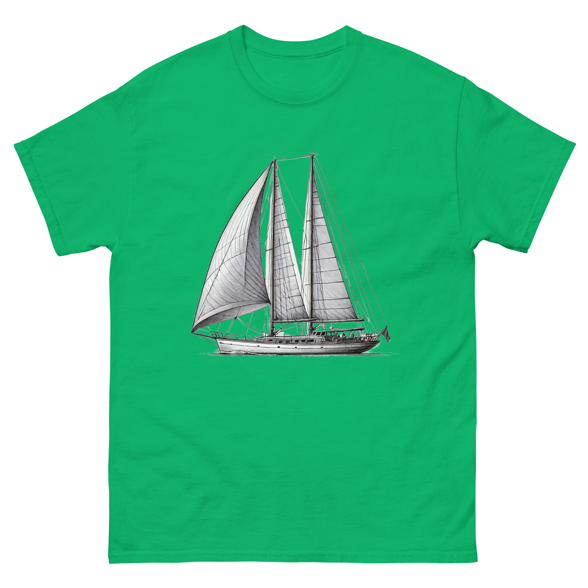 Ketch Sailboat Line Drawing T-Shirt in Irish Green