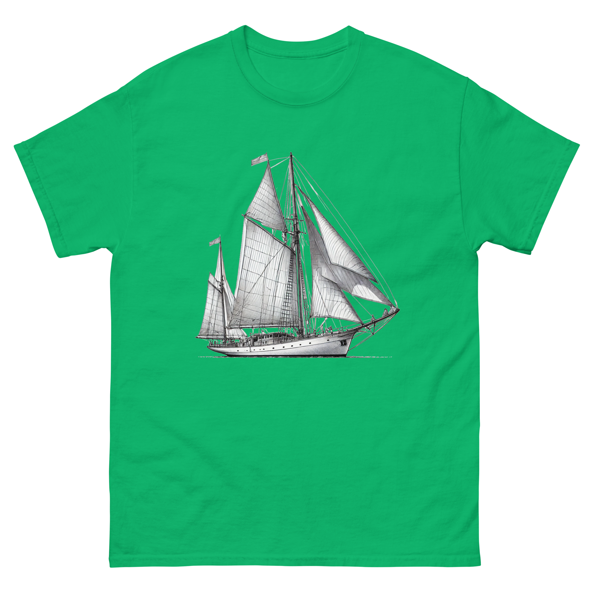 Cutter Rig Yawl Sailboat Line Drawing T-Shirt in Irish Green