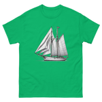 Gaff rig ketch sailboat line drawing t-shirt in Irish green, front view