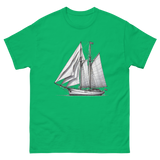 Gaff rig ketch sailboat line drawing t-shirt in Irish green, front view