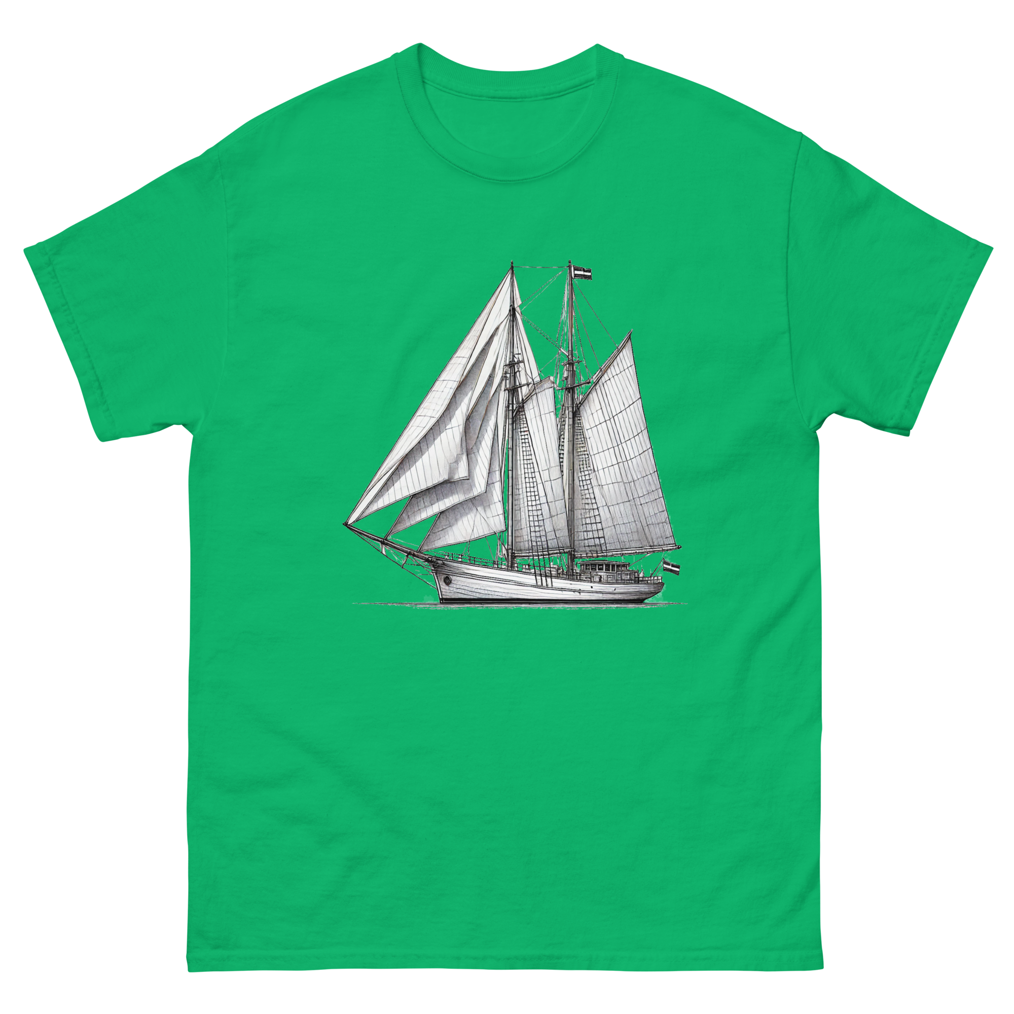 Gaff rig ketch sailboat line drawing t-shirt in Irish green, front view