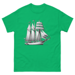 Schooner sailboat line drawing t-shirt in Irish green color, front view