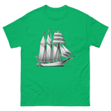 Schooner sailboat line drawing t-shirt in Irish green color, front view