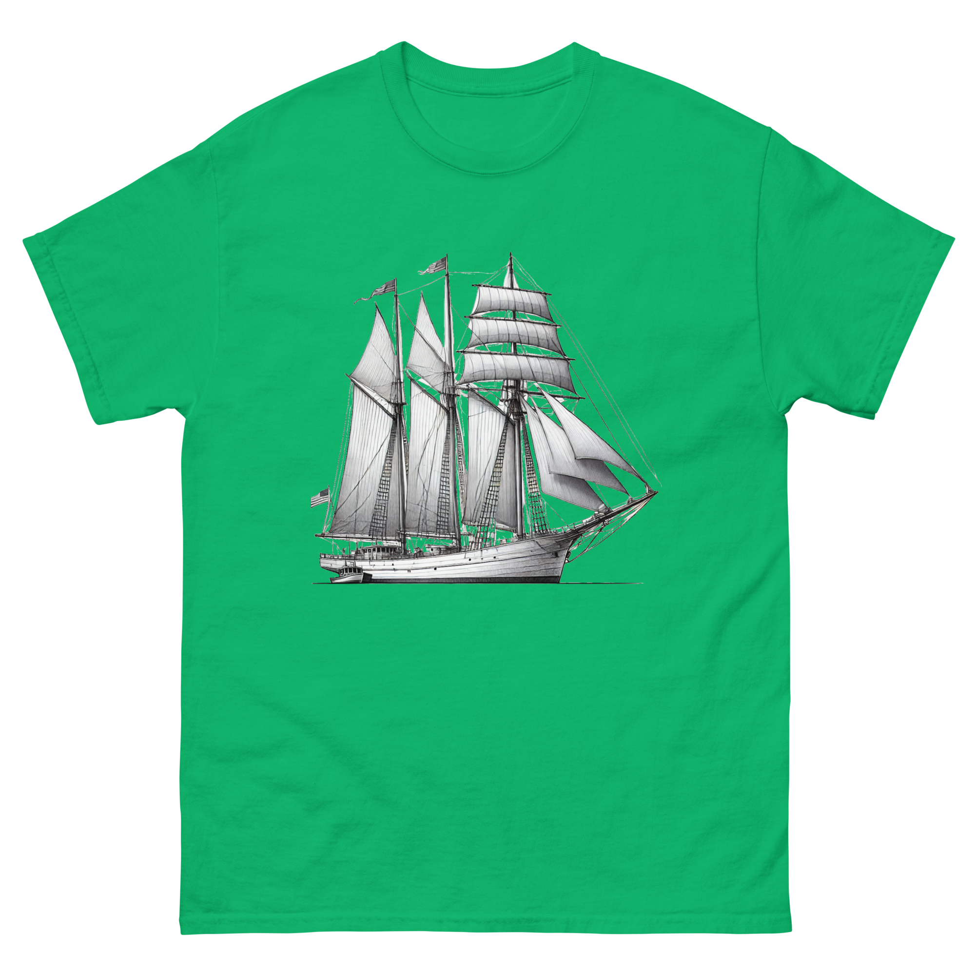 Schooner sailboat line drawing t-shirt in Irish green color, front view