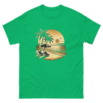 Beach serene scene at sunset t-shirt in Irish green color, front view