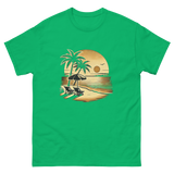 Beach serene scene at sunset t-shirt in Irish green color, front view