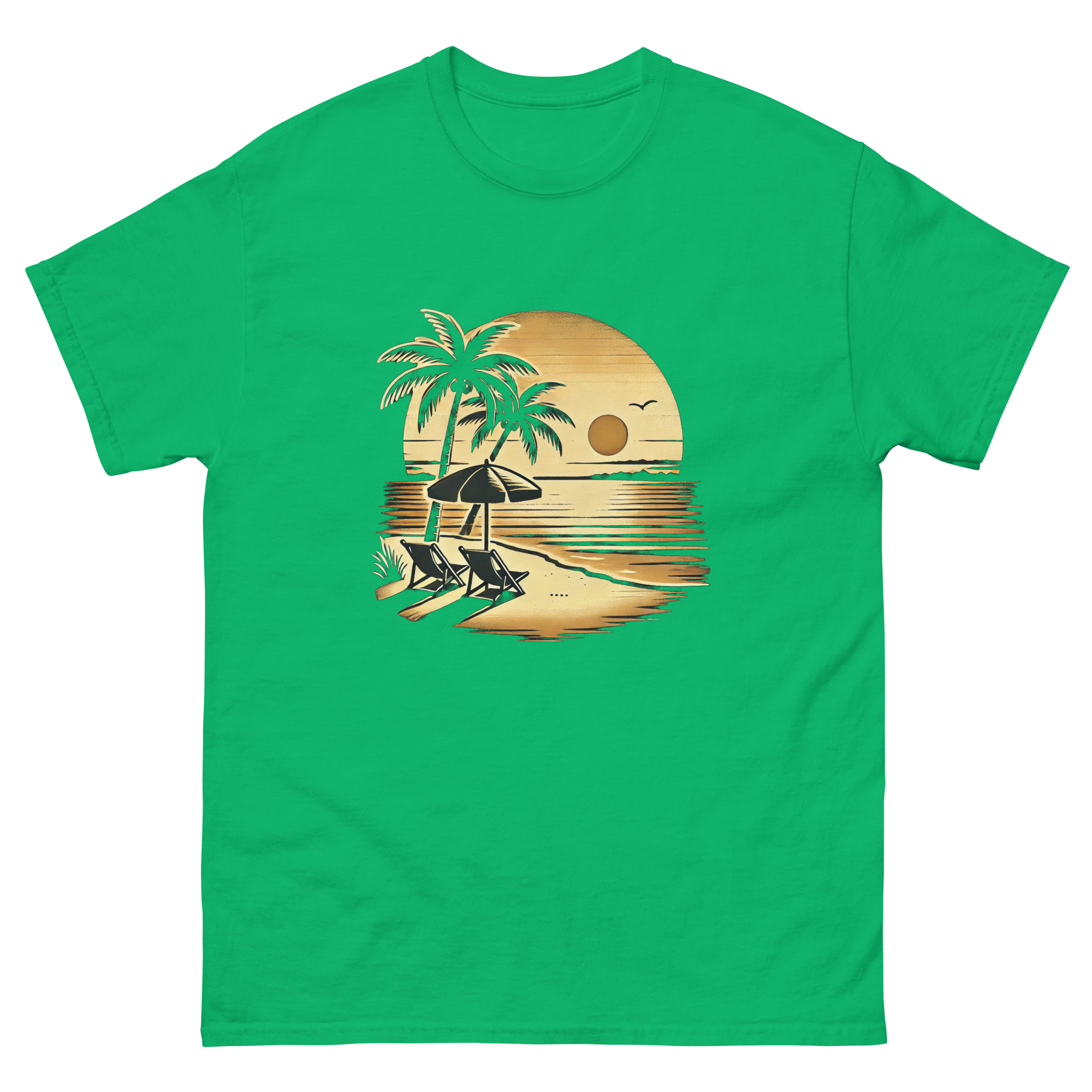 Beach serene scene at sunset t-shirt in Irish green color, front view