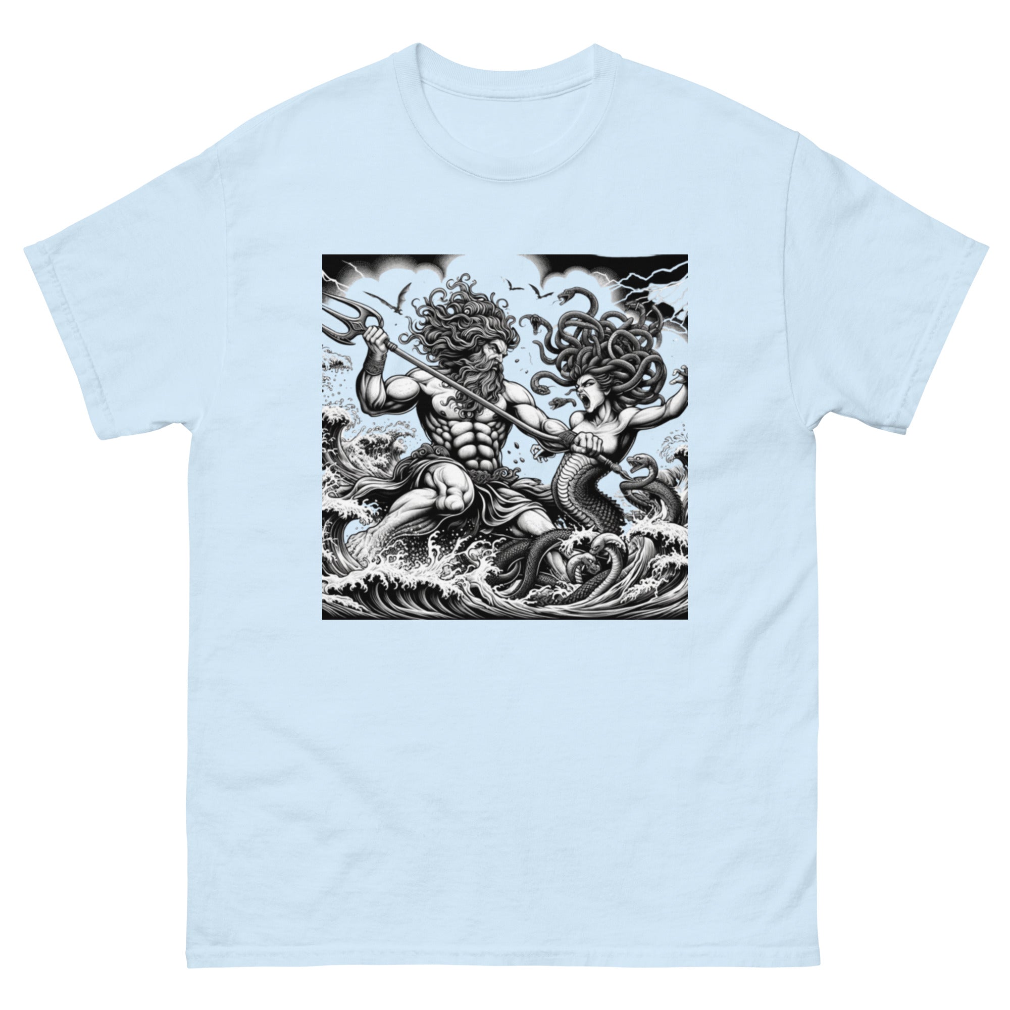 Poseidon Battling Medusa T-Shirt in Light Blue