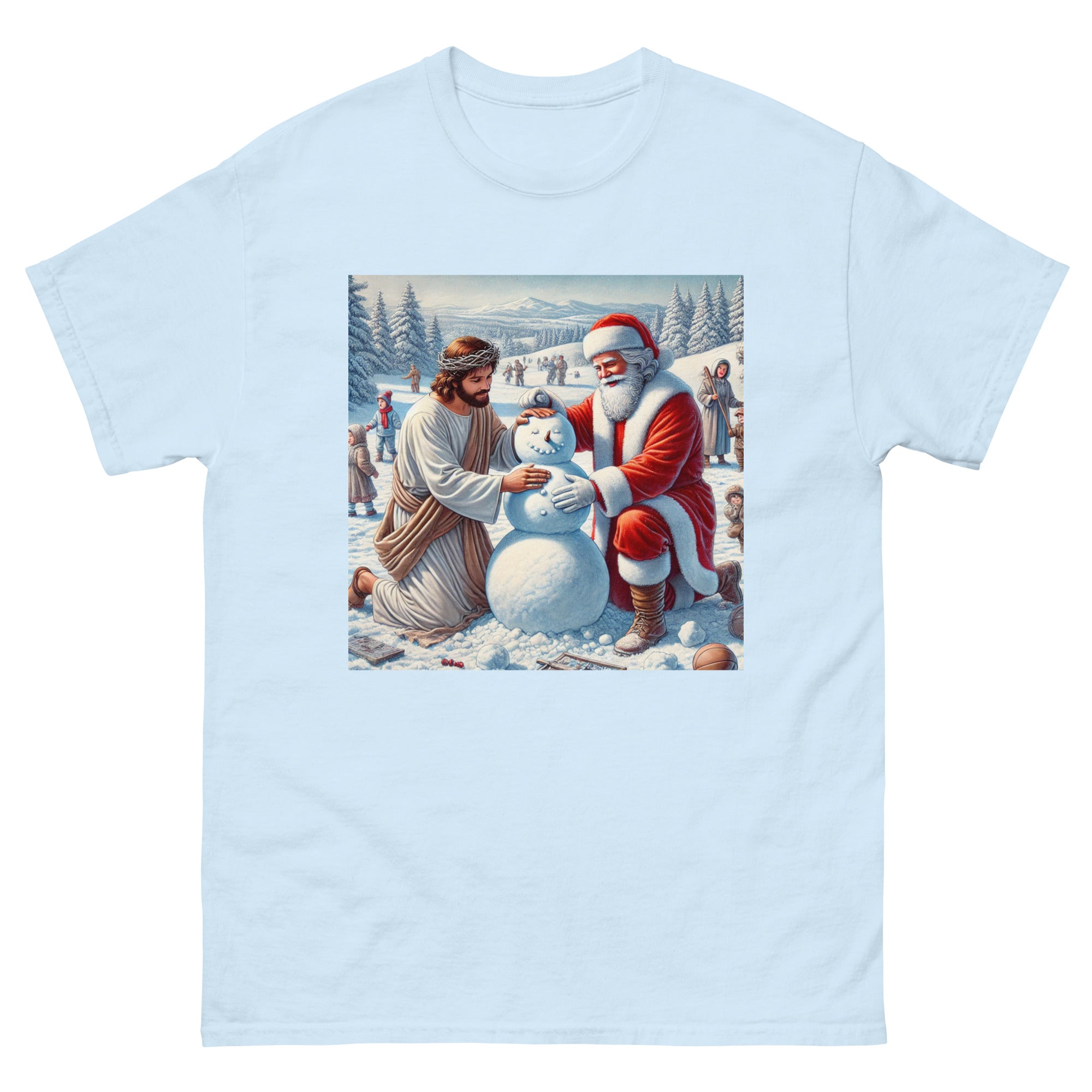 Santa and Jesus making a snowman tee