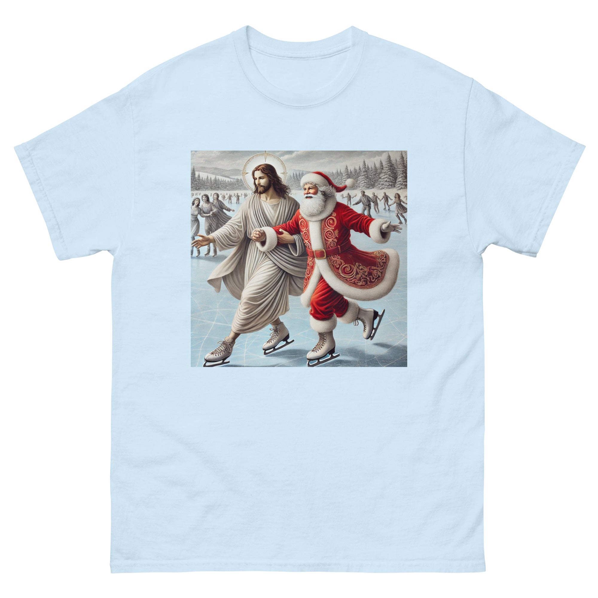 Santa and Jesus Ice Skating tee