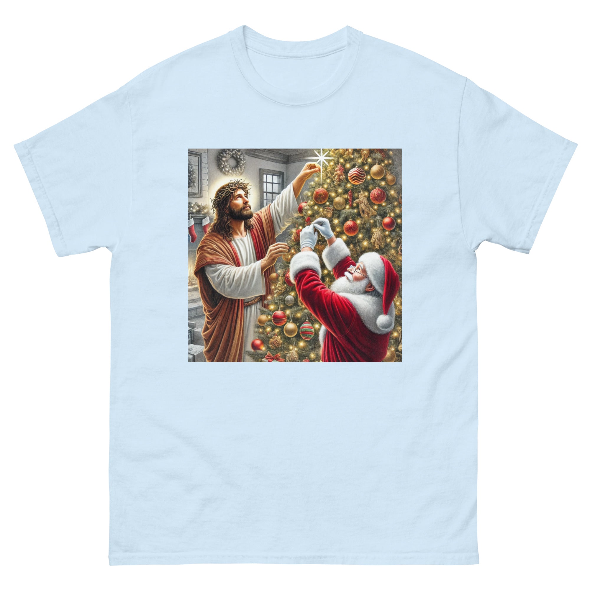 Santa and Jesus Decorating the Tree tee