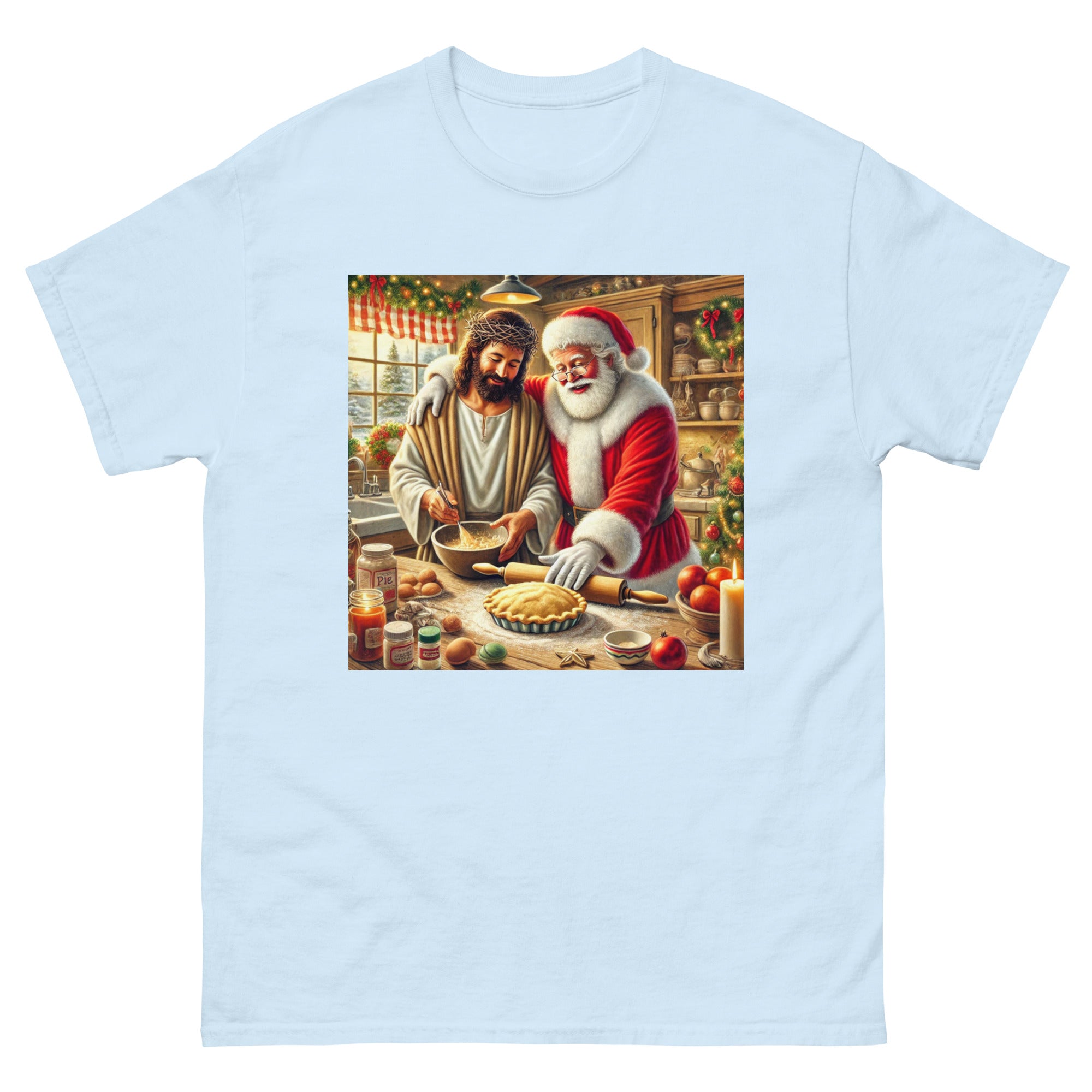 Santa and Jesus Making a Pie tee