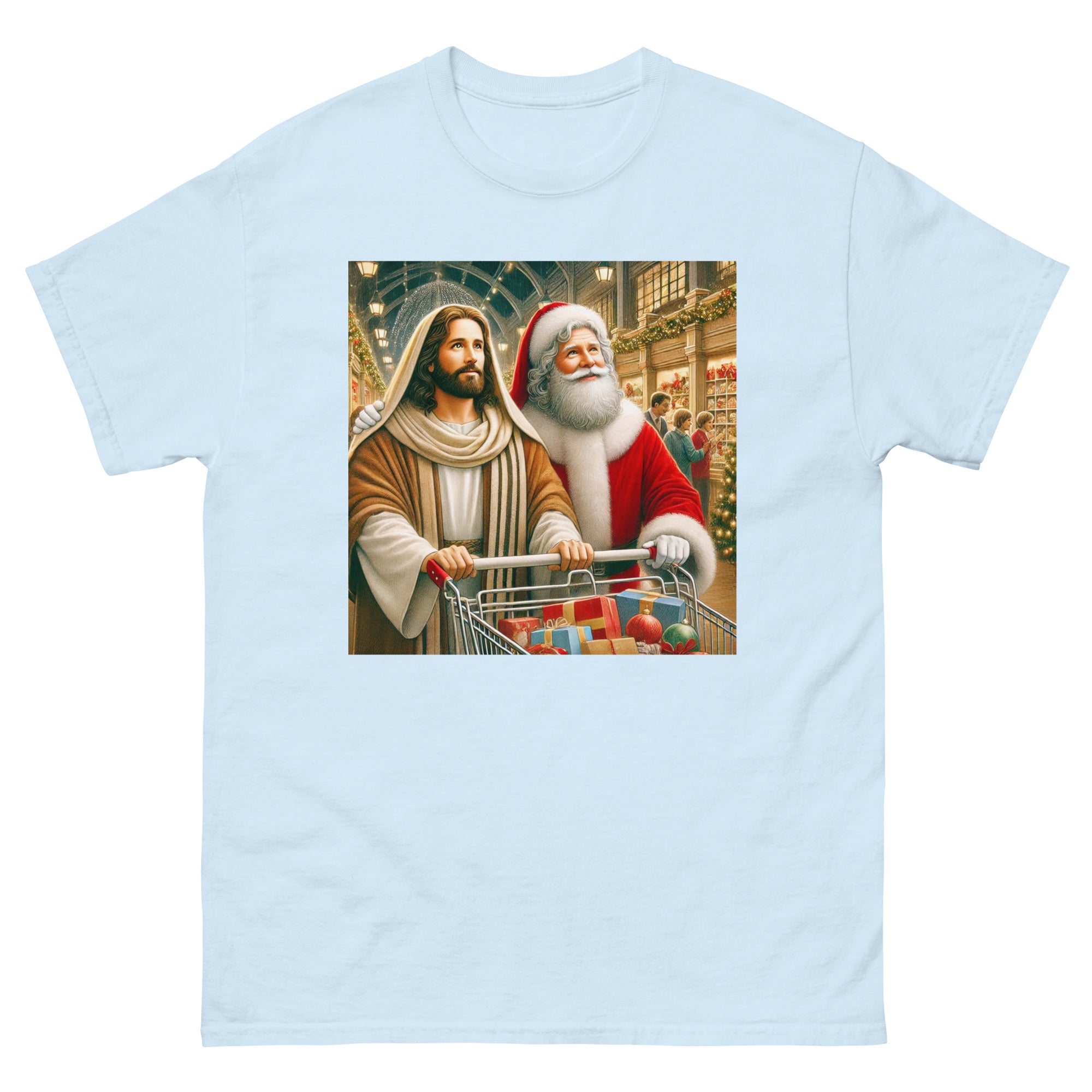 Santa and Jesus Christmas Shopping tee