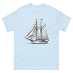 Gaff rig ketch sailboat line drawing t-shirt in light blue, front view