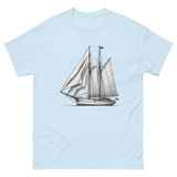 Gaff rig ketch sailboat line drawing t-shirt in light blue, front view