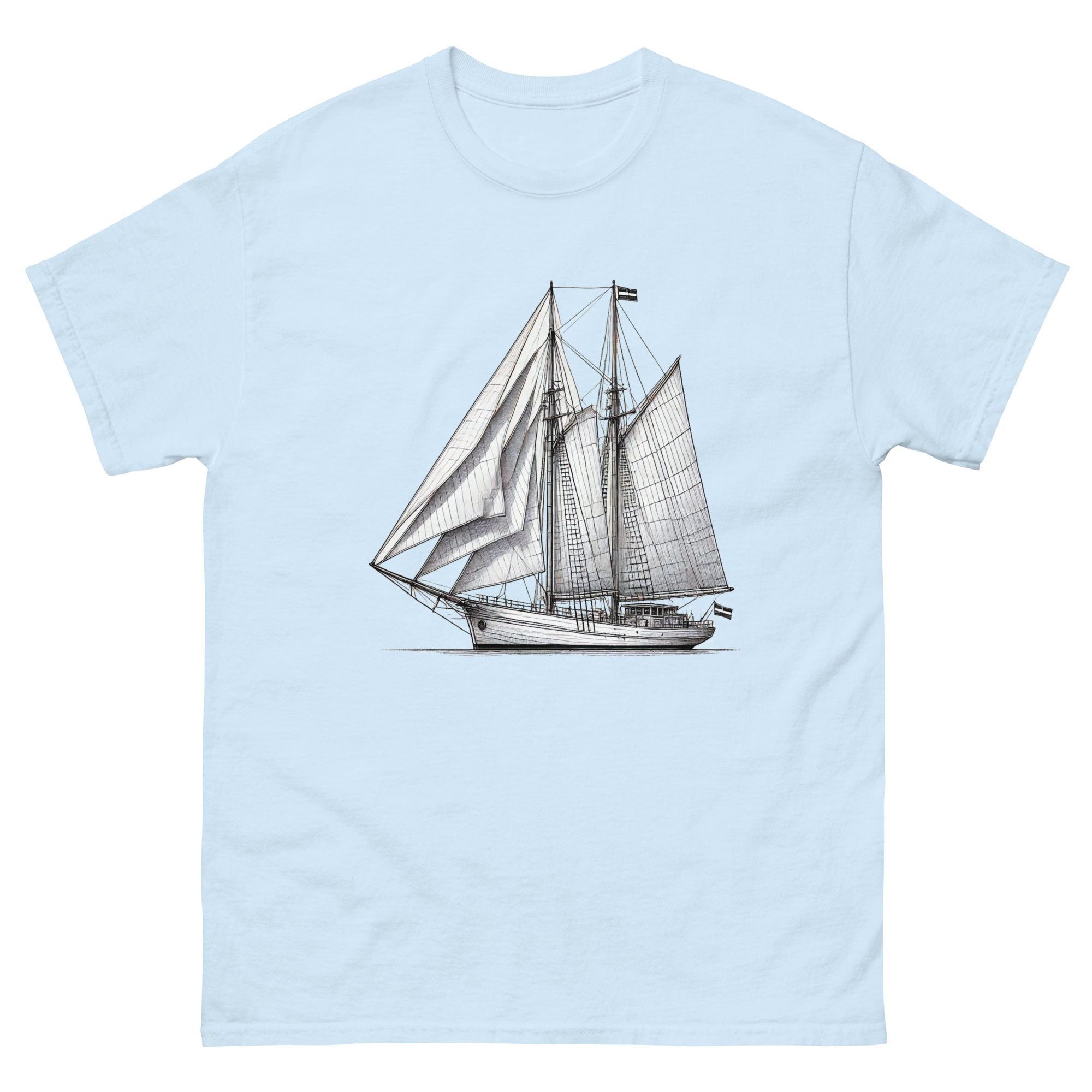 Gaff rig ketch sailboat line drawing t-shirt in light blue, front view