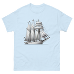 Schooner sailboat line drawing t-shirt in light blue color, front view