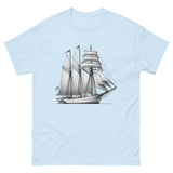 Schooner sailboat line drawing t-shirt in light blue color, front view