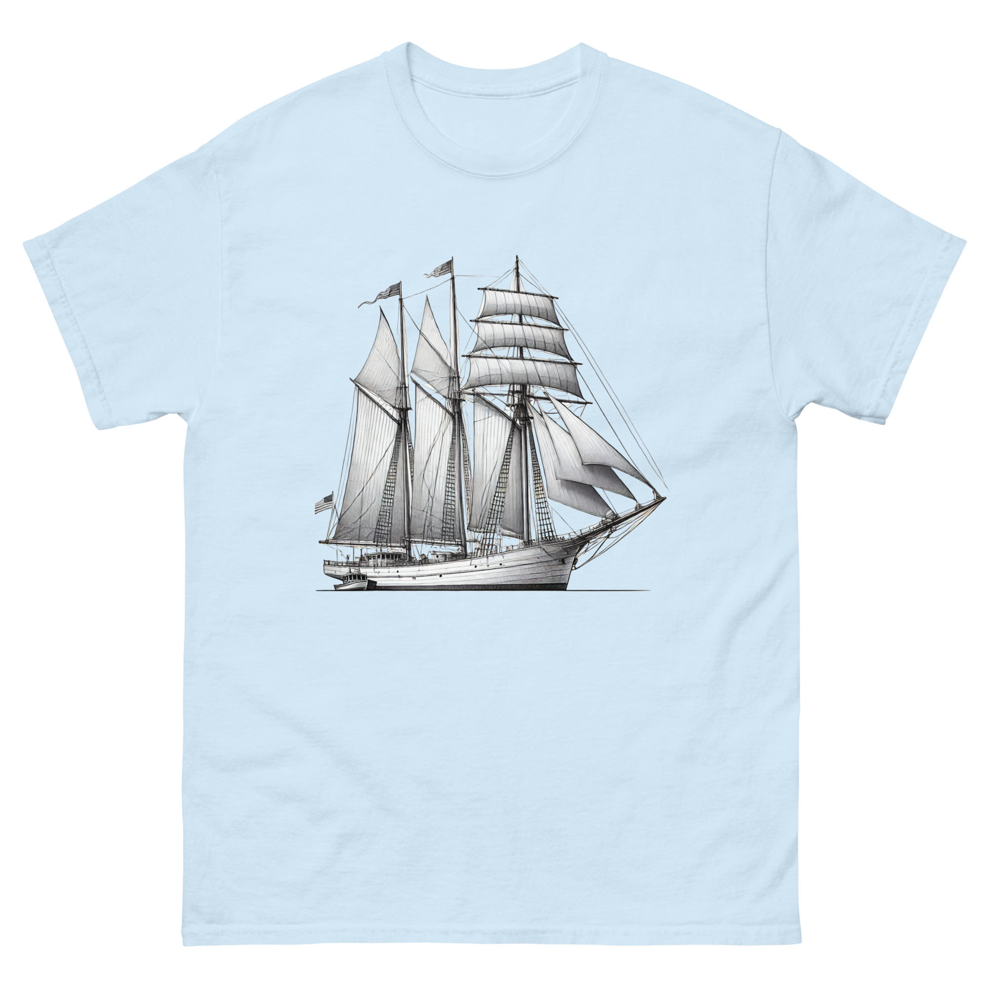 Schooner sailboat line drawing t-shirt in light blue color, front view