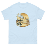 Beach serene scene at sunset t-shirt in light blue color, front view