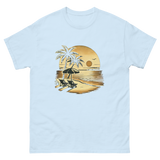 Beach serene scene at sunset t-shirt in light blue color, front view