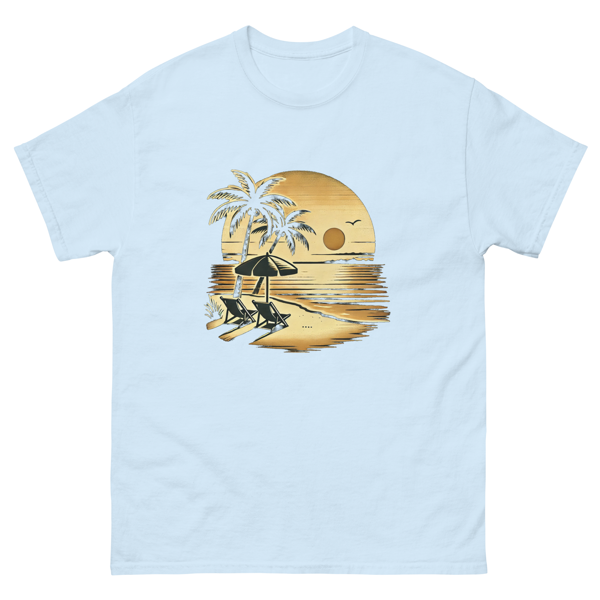 Beach serene scene at sunset t-shirt in light blue color, front view