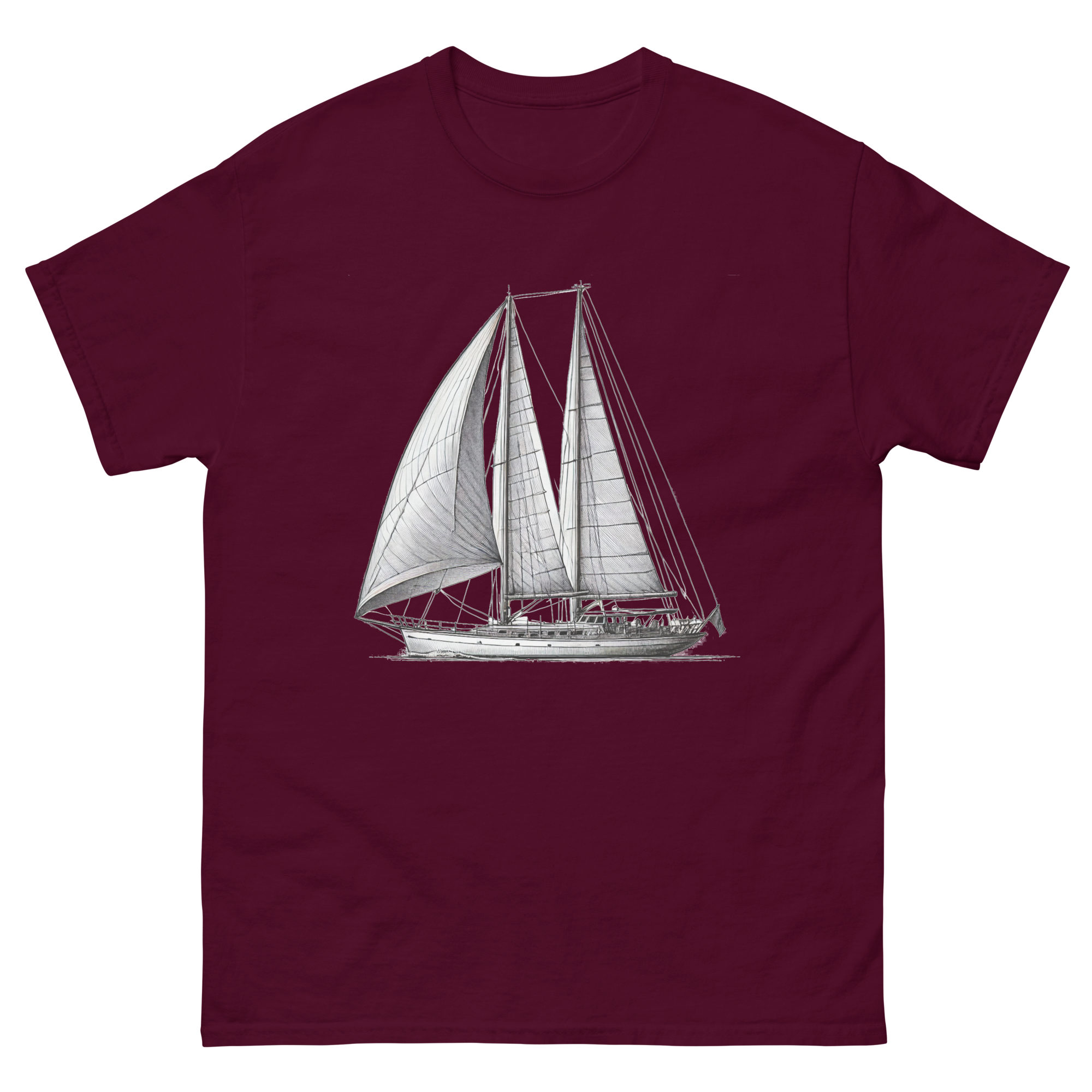 Ketch Sailboat Line Drawing T-Shirt in Maroon