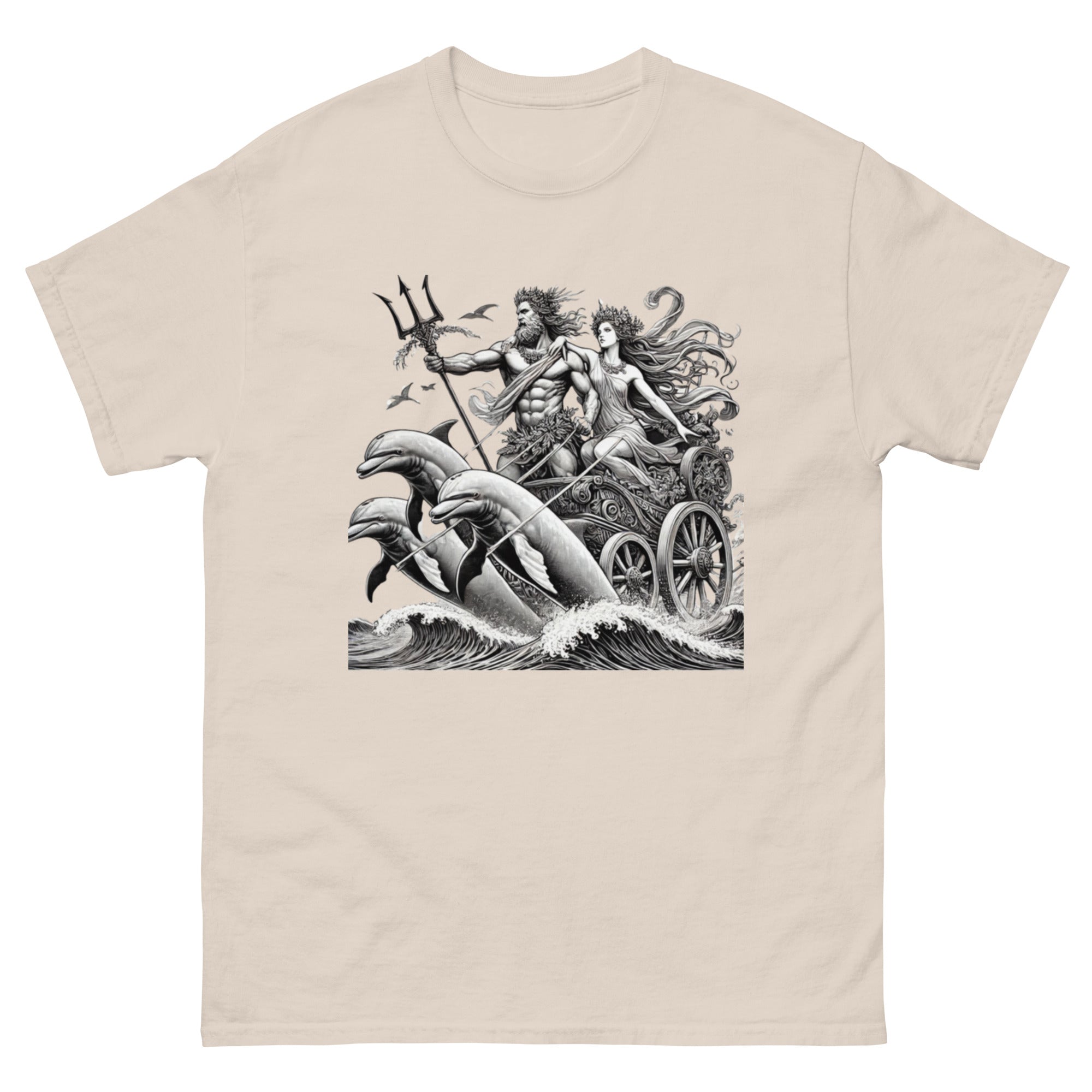 Poseidon and Amphitrite Chariot with Dolphins T-Shirt in Natural