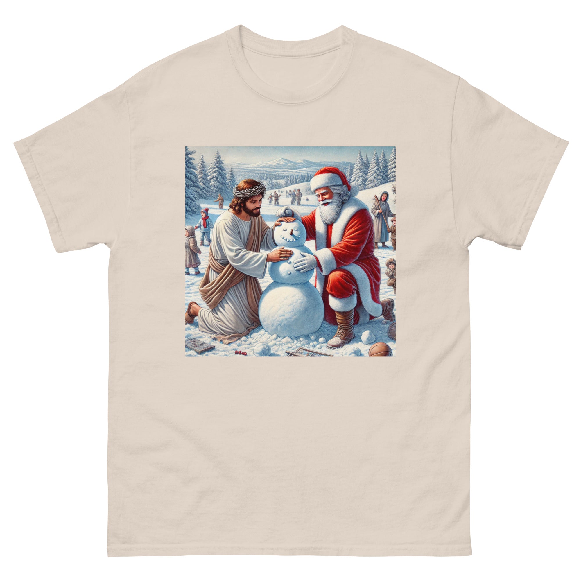 Santa and Jesus making a snowman tee