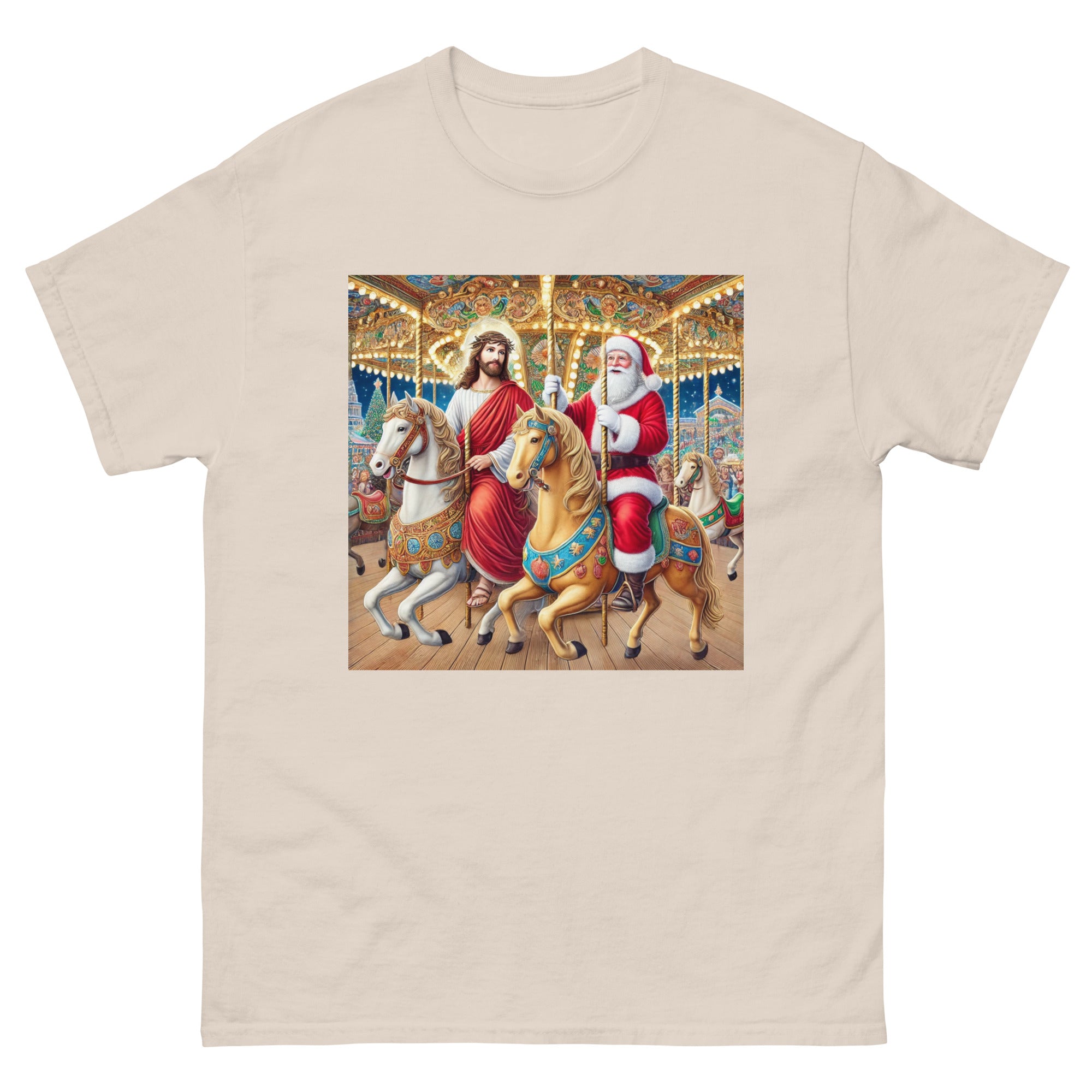 Santa and Jesus riding a carousel tee