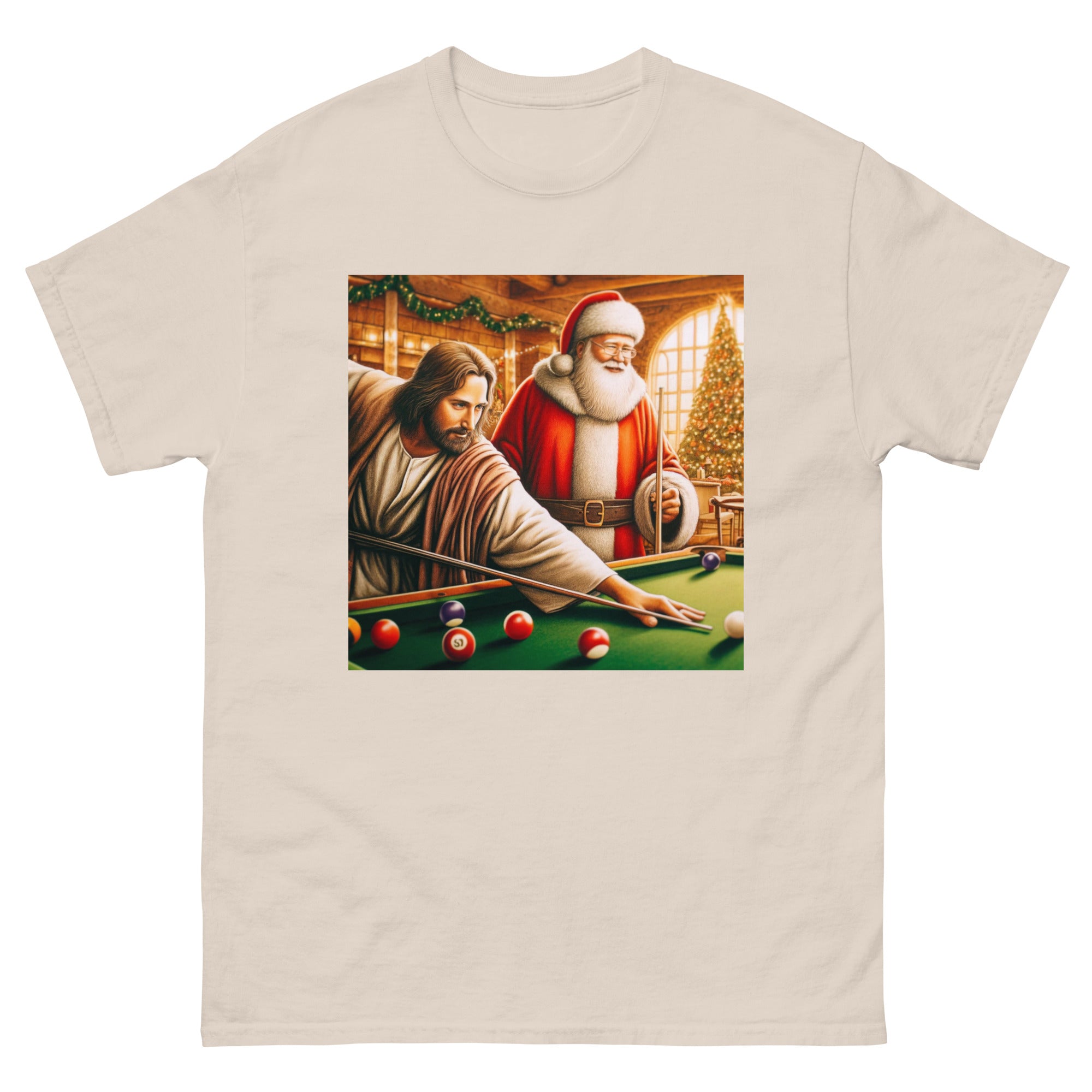 Santa and Jesus Shooting Pool tee