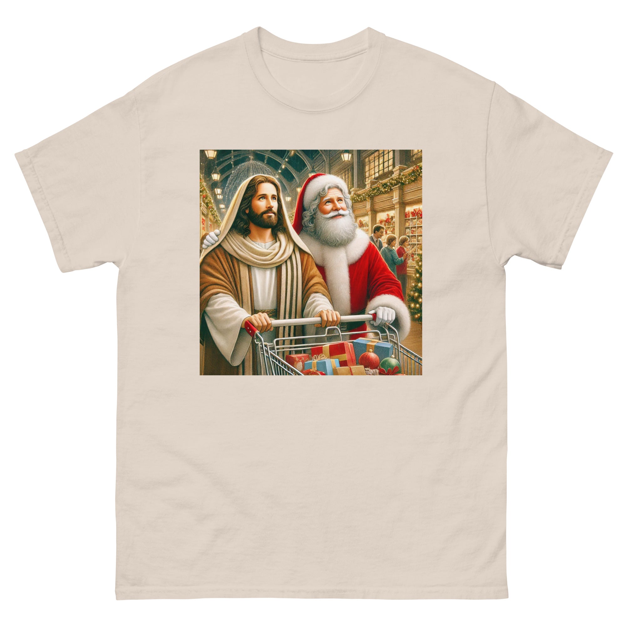 Santa and Jesus Christmas Shopping tee