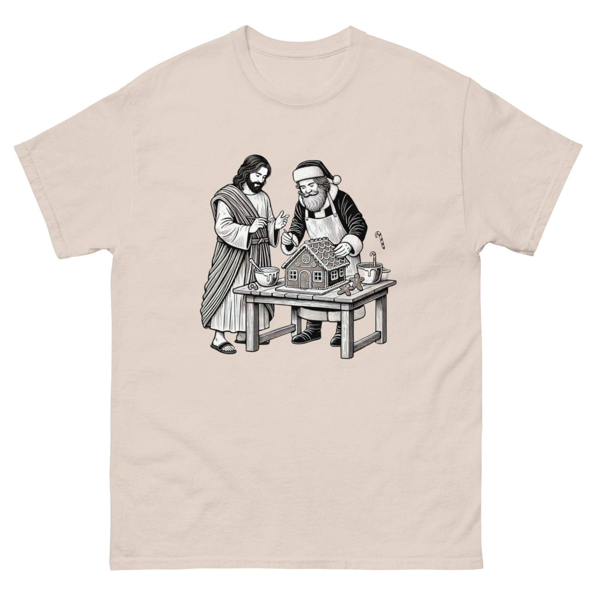 Jesus and Santa Making a Gingerbread House tee