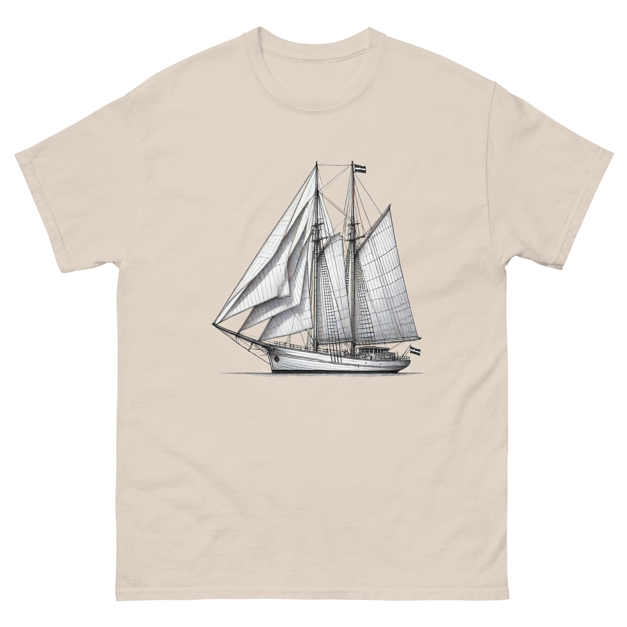 Gaff rig ketch sailboat line drawing t-shirt in natural, front view