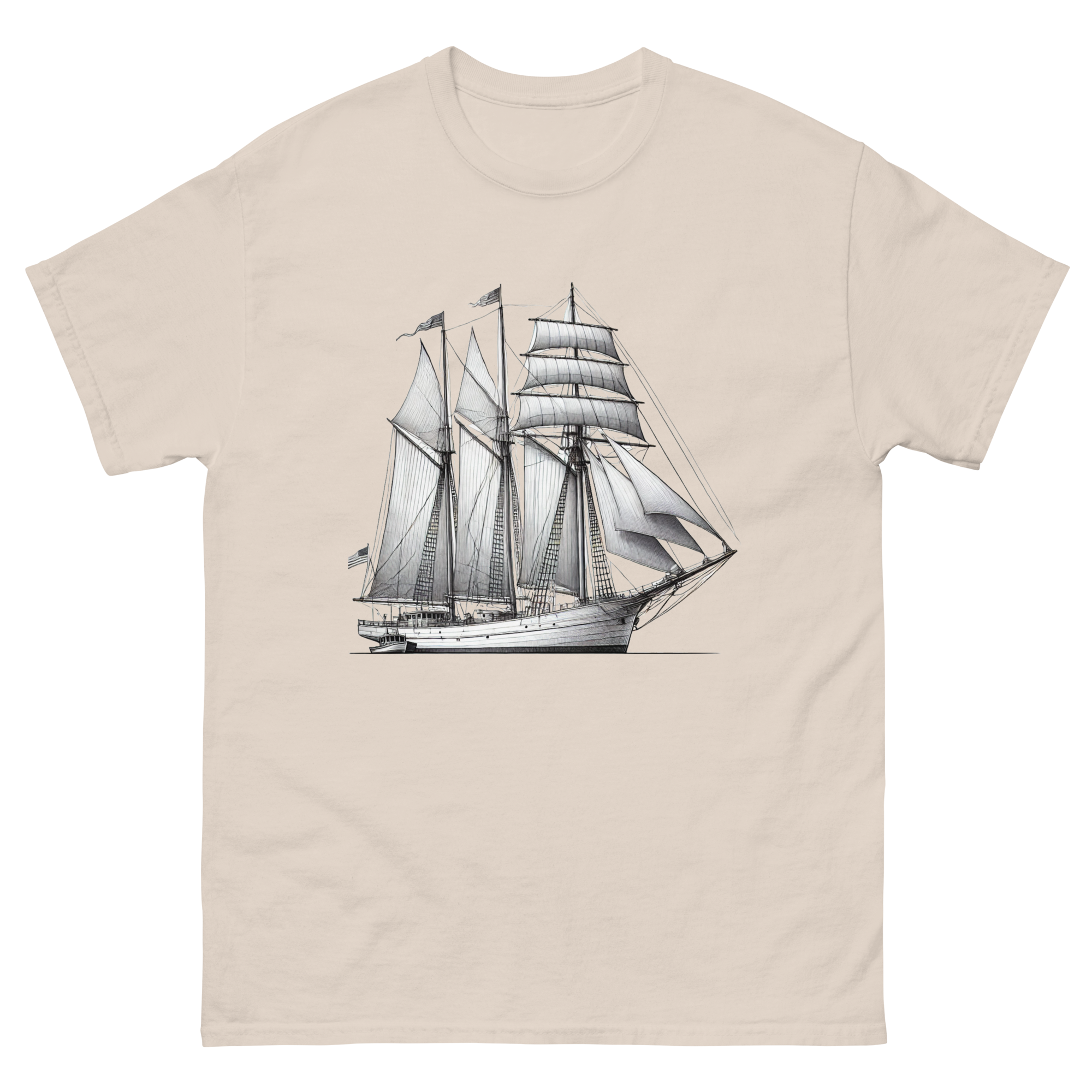 Schooner sailboat line drawing t-shirt in natural color, front view