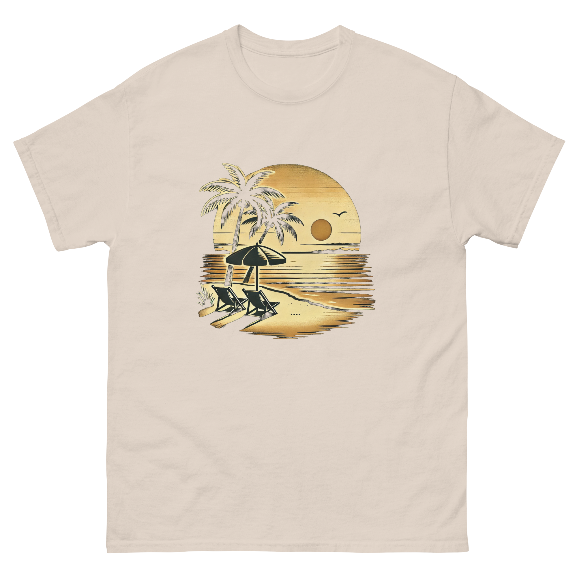 Beach serene scene at sunset t-shirt in natural color, front view