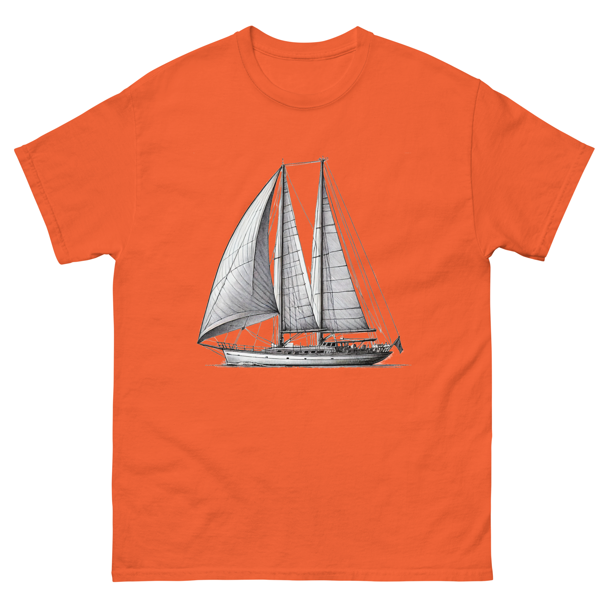 Ketch Sailboat Line Drawing T-Shirt in Orange