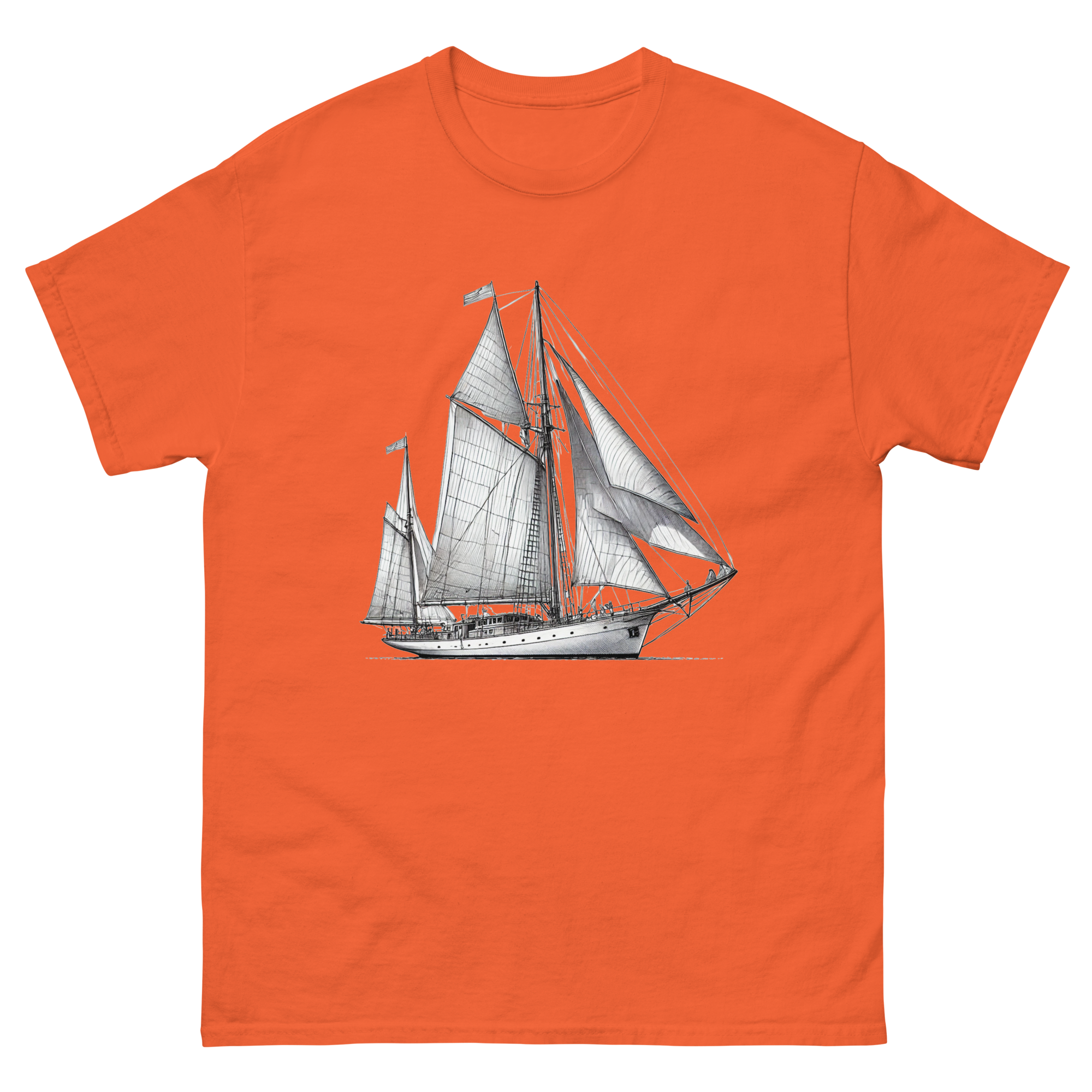 Cutter Rig Yawl Sailboat Line Drawing T-Shirt in Orange