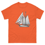 Gaff rig ketch sailboat line drawing t-shirt in orange, front view