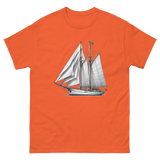 Gaff rig ketch sailboat line drawing t-shirt in orange, front view