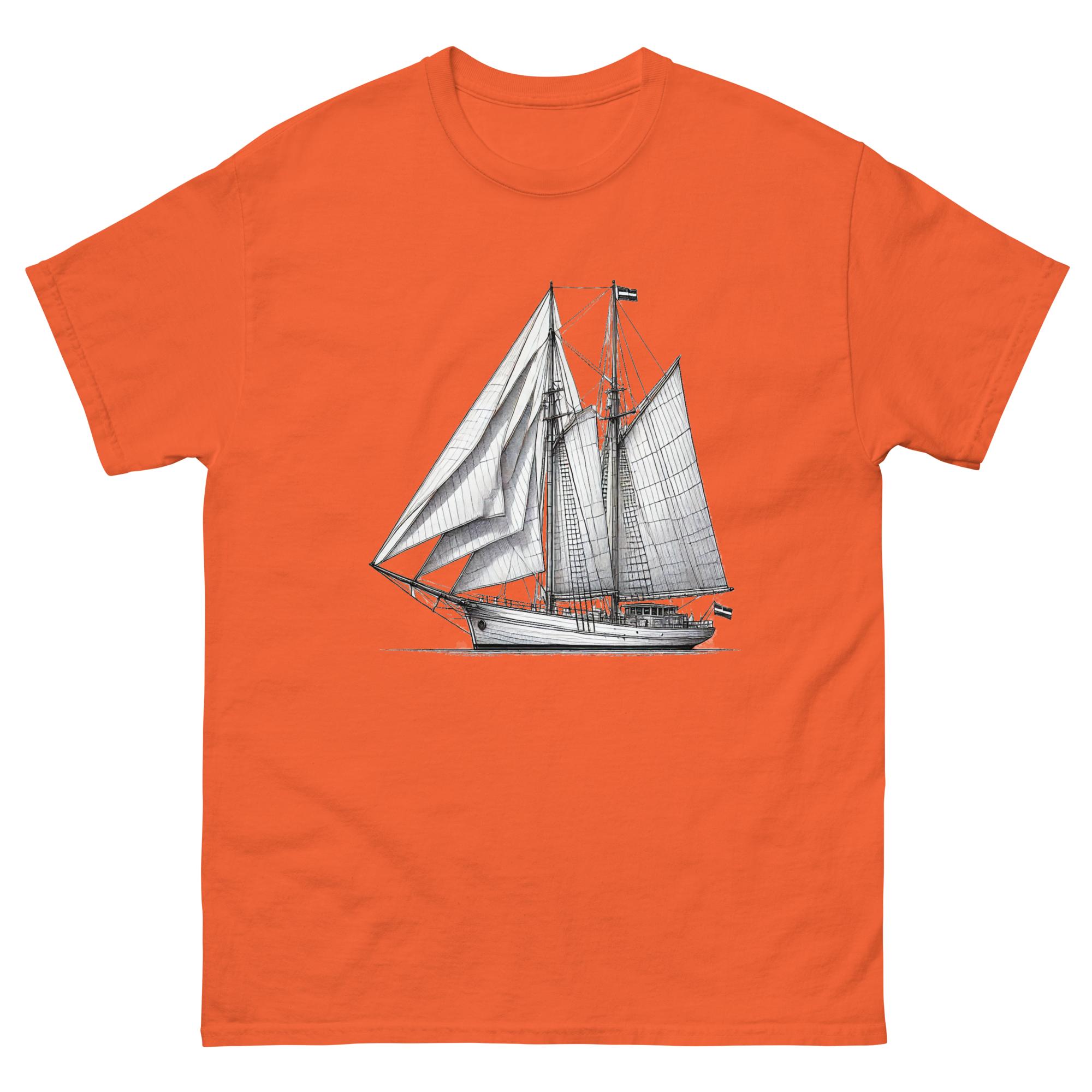 Gaff rig ketch sailboat line drawing t-shirt in orange, front view