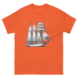 Schooner sailboat line drawing t-shirt in orange color, front view